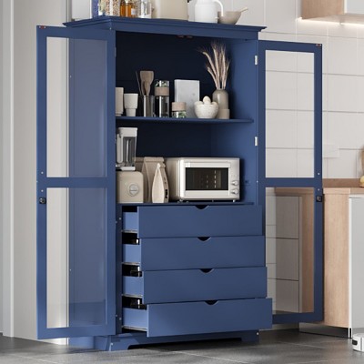 75" Kitchen Storage Cabinet with Glass Doors 4 Built-in Drawers Storage Pantry Display Cabinet for Living Room, Dining Room,Office-Tanpinhause