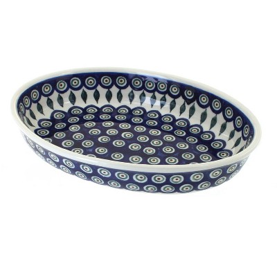 Blue Rose Polish Pottery Peacock Small Oval Baker