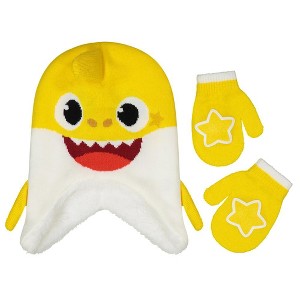 Baby Shark Boy’s Winter Beanie Hat and Mittens Set, Toddlers Ages 2-4 - Yellow/White - 1 of 2