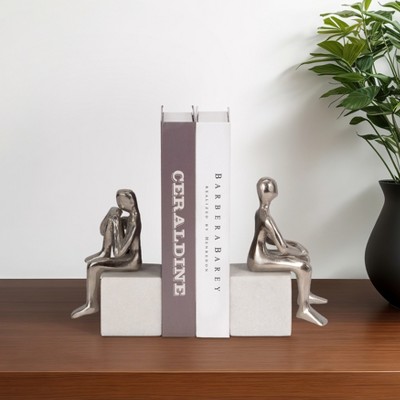 Sagebrook Home Set of 2 Human Figure Bookends - Contemporary Marble and Aluminum White and Silver Sitting Figure Bookend Set Decorative
