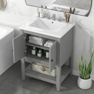 ORRD 24" Grey Modern Bathroom Vanity with Ceramic Sink, Solid Wood Frame, Open Shelf Design - 1 of 4