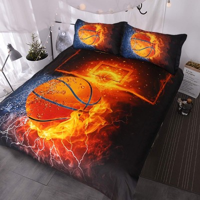 Boersma Basketball Bedding for Boys or Girls, 3D Shooting a Basketball, Red Flames and Blue Water, 3 Piece Sports Duvet Cover (Twin)