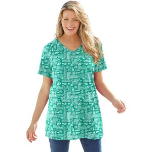 Woman Within Plus Size Perfect Printed Short-Sleeve V-Neck Tunic - 1 of 4
