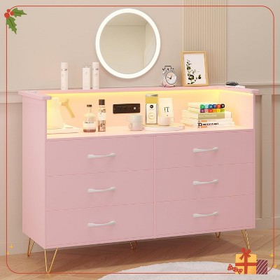 Garvee Bedroom Dresser with Electrical Outlet and LED Lights, 6 Drawer Wooden Dresser with 2 Open Shelves
