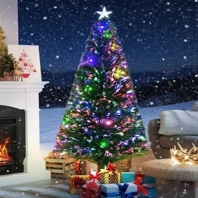 Whisen 6FT Pre-Lit Lush PVC Christmas Tree with Multi-Color LED, Fiber Optic Sprigs, Metal Base - Green