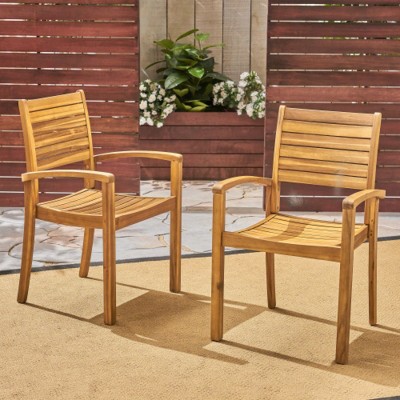 Outdoor Patio Acacia Wood Dining Chairs Set Of 2,Slatted Design Armrests Dining Chair,Wooden Garden Kitchen Dining Chair-Coolbibila