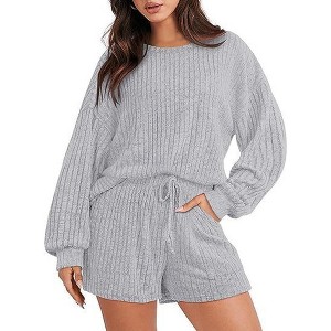 BLUEMING Women Sportswear Sets Waffle Knitted Oversized Long Sleeve Tops Shorts Casual Home Wear Suit - 1 of 4