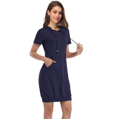 Women's Hooded Sweatshirt Dress Short Sleeve Ribbed Pullover Front Pocket Casual Mini Dress