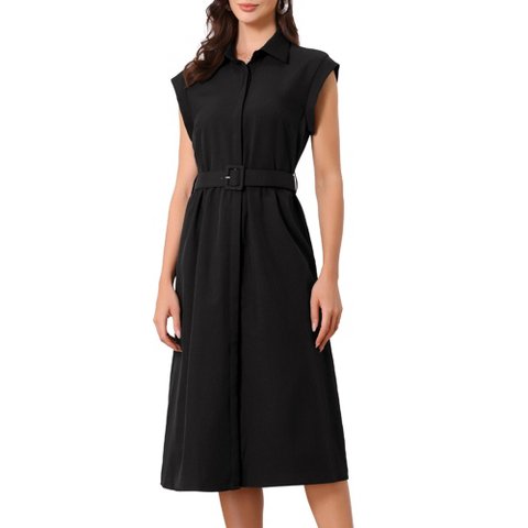 Женские платья INSPIRE CHIC Women's Sleeveless Collared Button Down Belted Waist Midi Work Dress Medium Black
