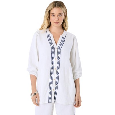 Roaman's Women's Plus Size Embroidered Button-Down Shirt
