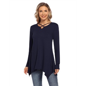 Women's Long Swing Tunic Blouses Long Sleeve Tshirts Casual Flowy Dressy Tops for Leggings Blouse - 1 of 4