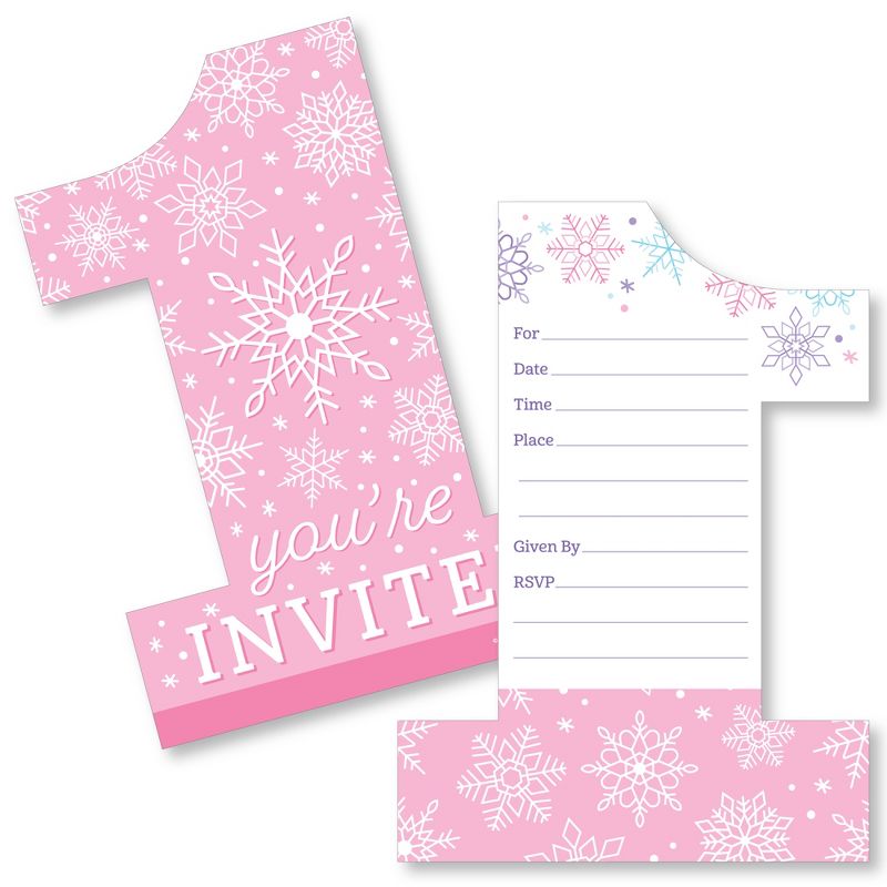 Big Dot of Happiness Pink Snowflakes 1st Birthday Shaped Fill-In Invitations - Girl Winter ONEderland Party Invitation Cards with Envelopes Set of 12, 1 of 8