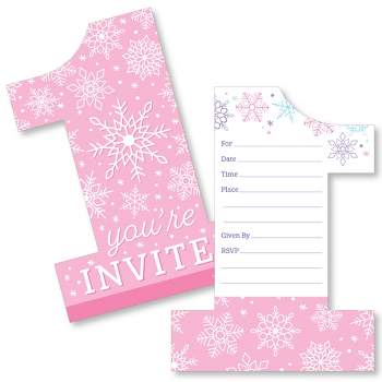 Big Dot of Happiness Pink Snowflakes 1st Birthday Shaped Fill-In Invitations - Girl Winter ONEderland Party Invitation Cards with Envelopes Set of 12