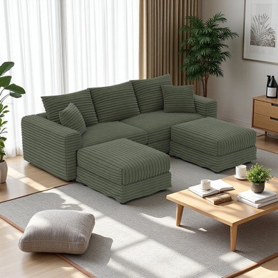 82.7" Plush Corduroy U-Shaped Sectional Sofa, 2 Ottomans, Deep Seat
