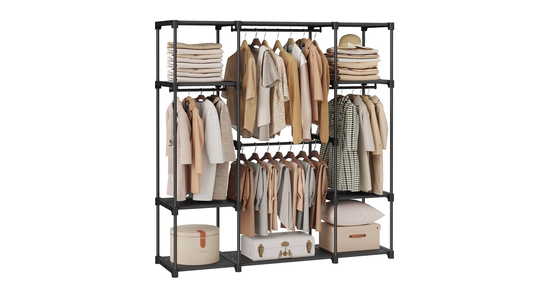 Freestanding Closet Organizer with Hanging Rods & Shelves, Portable Wardrobe Rack, Tool-Free Assembly, Anti-Tip Kit, for Bedroom/Cloakroom, Black