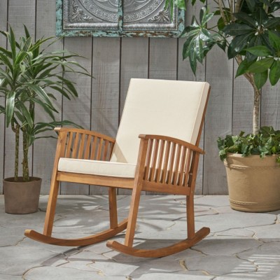 Modern Patio Acacia Wood Fabric Upholstered Rocking Glider Chair,Outdoor Rustic High Back Cushion Lounge Armchair for Garden,Backyard-Coolbibila
