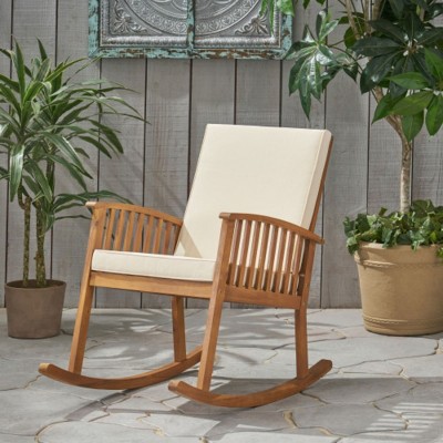 Brown Patio Accent Chairs,Farmhouse Modern Acacia Wood Patio Rocking Glider Chair,Upholstered Premium Outdoor Rocking Chair With Cushions-Coolbinia