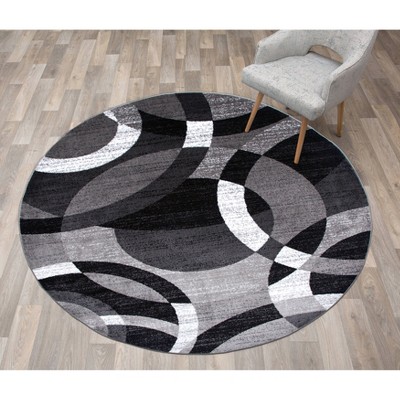Gray Abstract Geometric Circles Round Area Rug 6'6"