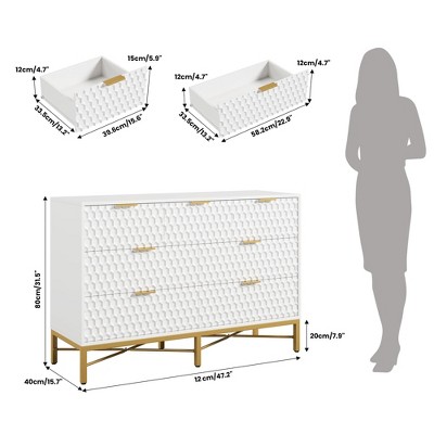 White 7-Drawer Dresser with Honeycomb Panels and Gold Metal Frame