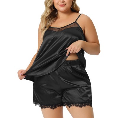 Agnes Orinda Women's Plus Size Satin V-Neck Lace Trim Elastic Waist 2  Pieces Pajamas Sets Black 1X