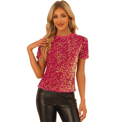 INSPIRE CHIC Women's Sequin Velvet Crew Neck Short Sleeve T-shirt