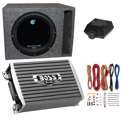 Planet Audio AC12D 12" 1800W 4 Ohm DVC Car Subwoofer Package with Boss Audio 1500W Mono A/B Amplifier, Wiring Amp Kit and QPower Vented Sub Enclosure