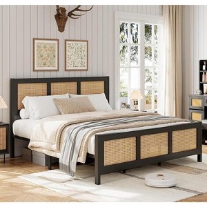 Rattan Bed Frame with Headboard - Heavy-Duty Metal Slat Support, No Box Spring Needed, Noise-Free Platform Design - 1 of 4