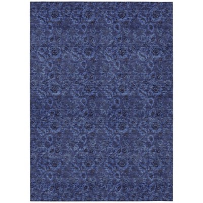 Navy Blue And Charcoal Floral Washable Indoor Outdoor Area Rug