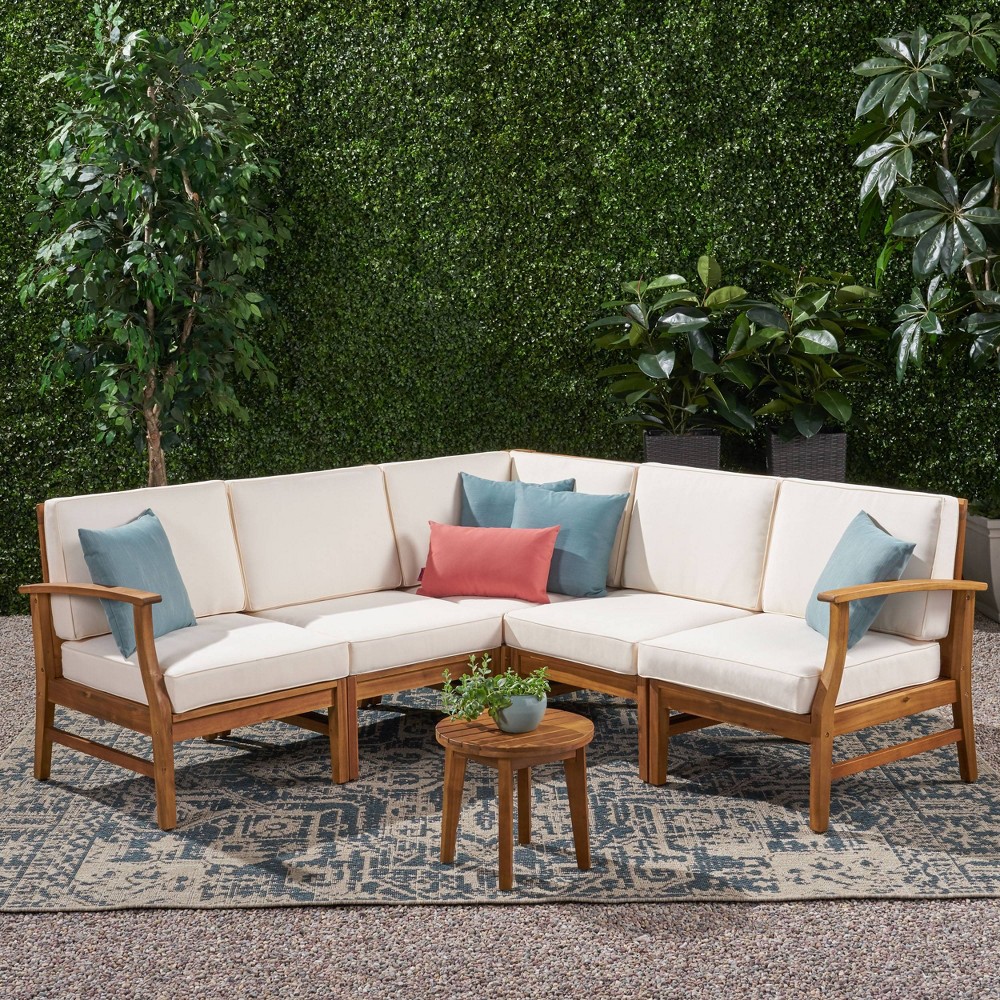 Photos - Garden Furniture Perla 5pc Patio Sectional Sofa - Teak/Cream - Christopher Knight Home