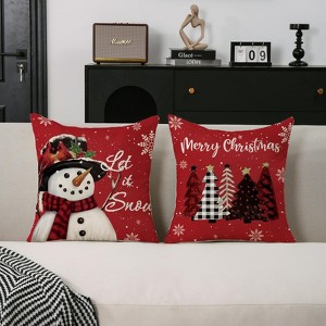 Christmas Pillow Covers 18x18 Set of 2 Let it Snow Snowman Christmas Trees Xmas Red - 1 of 3