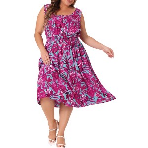 Agnes Orinda Women's Plus Size Square Neck Sleeveless Floral Flowy Stretchy Waist Midi A-Line Sundresses - 1 of 4