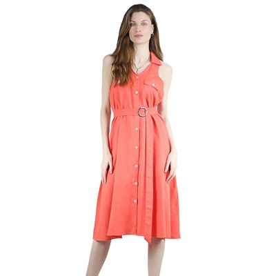 Artyska Women's Summer Linen V Neck Button Front Shirt Sleeveless Belted Collared Dress