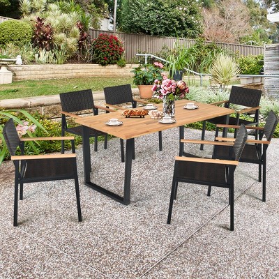Acacia Wood and Black Metal 6-Person Outdoor Dining Set with Rattan Chairs