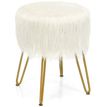 Costway Faux Fur Vanity Chair Makeup Stool Furry Padded Seat Round Ottoman Pink/White