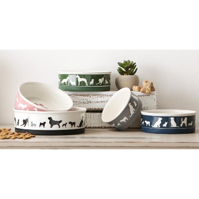 Hunter Green Ceramic Cat Bowls with Non-Skid Bottom, Set of 2