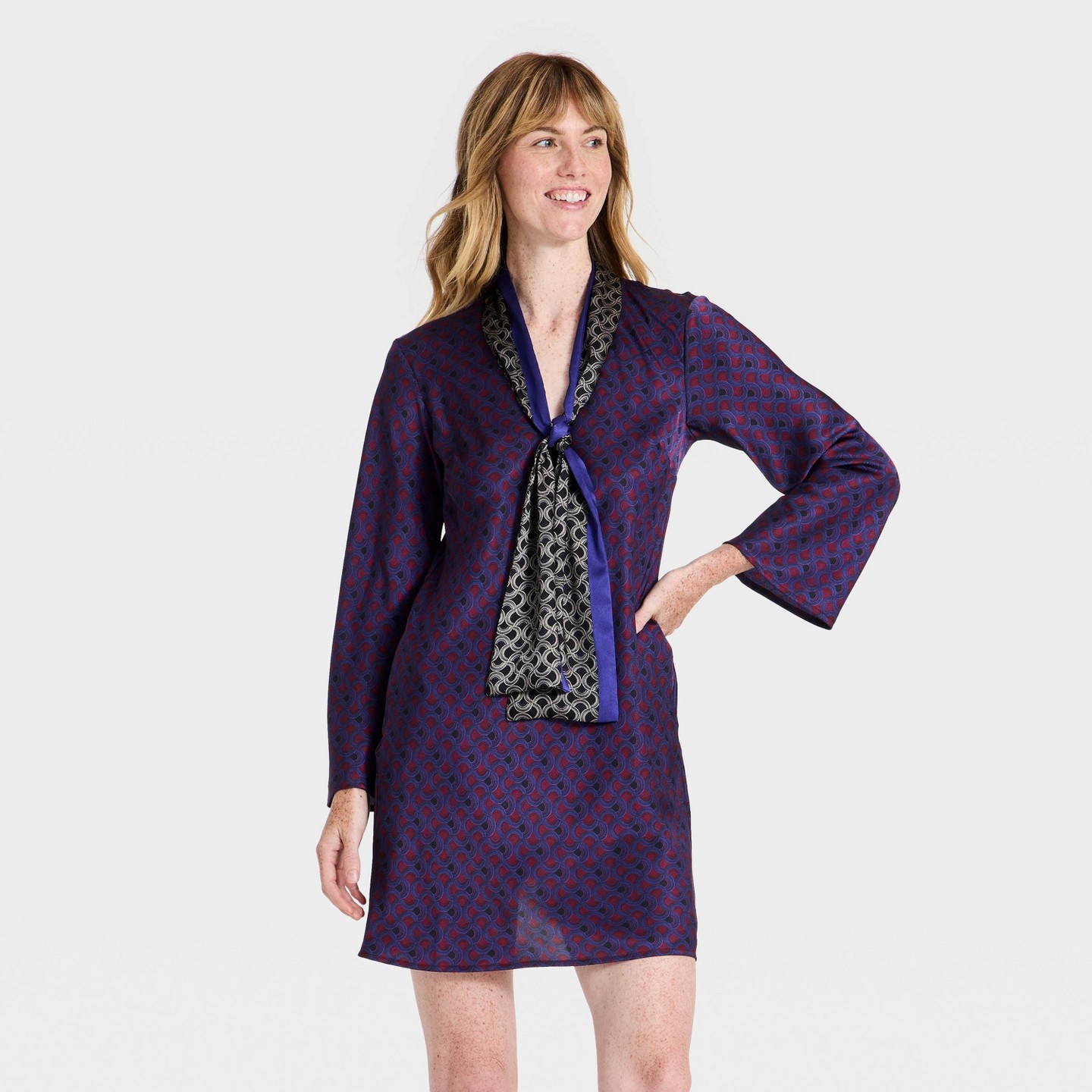 Женское платье A New Day Long Sleeve Scarf Printed Mini, цвет: Тёмно-синий — фото 1