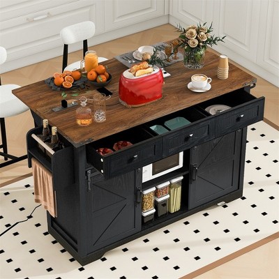 53.7" Farmhouse Kitchen Storage Island with Power Outlet, 2 Sliding Barn Door with Drop Leaf, Spice Rack Rolling Kitchen Cart on Wheels