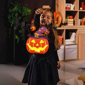 Hachikiko 10 Inch Lighted Halloween Wooden Pumpkin, Maple Leaves/Berries/Witch's Hat for Indoor/Outdoor Decor - 1 of 4