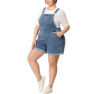 Agnes Orinda Women's Plus Size Adjustable Strap Pocket Roll Hem Denim Overall Jean Shorts - 1 of 4