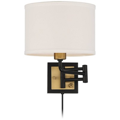 Joelle Antique Brass and Black Swing Arm Wall Lamp with White Shade