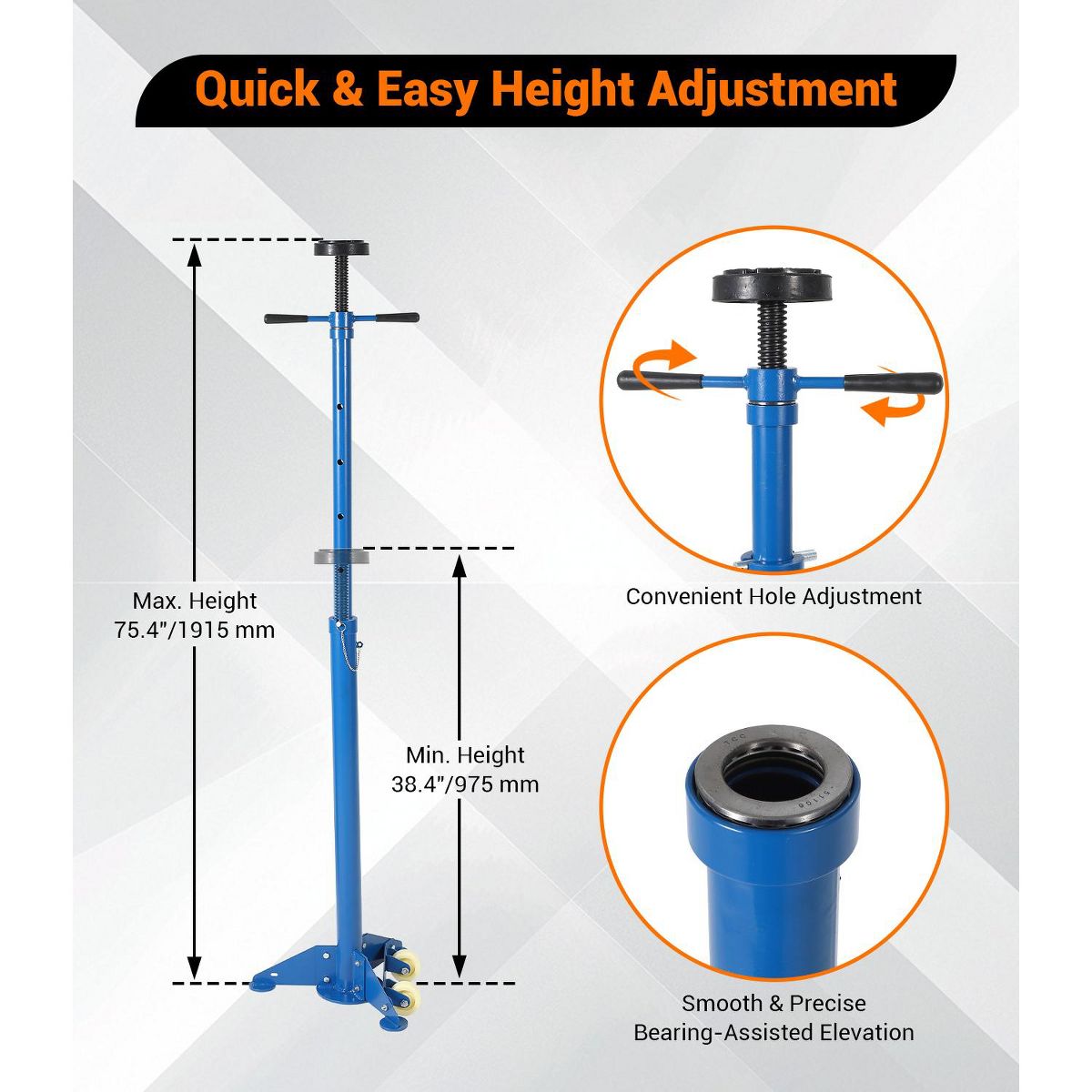 Heavy Duty 3/4 Ton Underhoist Support Stand, 1655 lbs, 38.4-75.4" Adj Height, Self-Locking Acme Thread, Rolling Triangular Base & Contoured Saddle - thumbnail 3