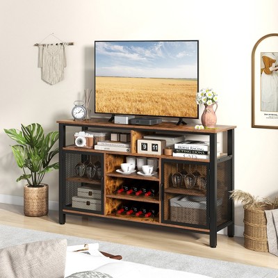 Rustic Brown 55-Inch Buffet Sideboard with Wine Racks and Glass Holders