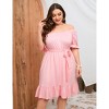 Coolmee Women's Casual Plus Size Square Neck Dress Short Sleeve Dress High Waist Ruffle Summer Midi Dress with Belt - 2 of 4