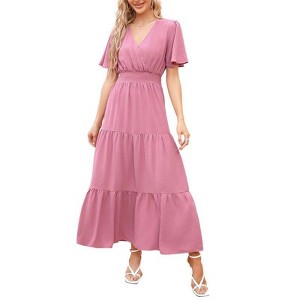 Coolmee Women's Boho Floral Dresse V Neck Short Sleeve  Pleated Waist Summer Casual Elegant Maxi Dresses - 1 of 4