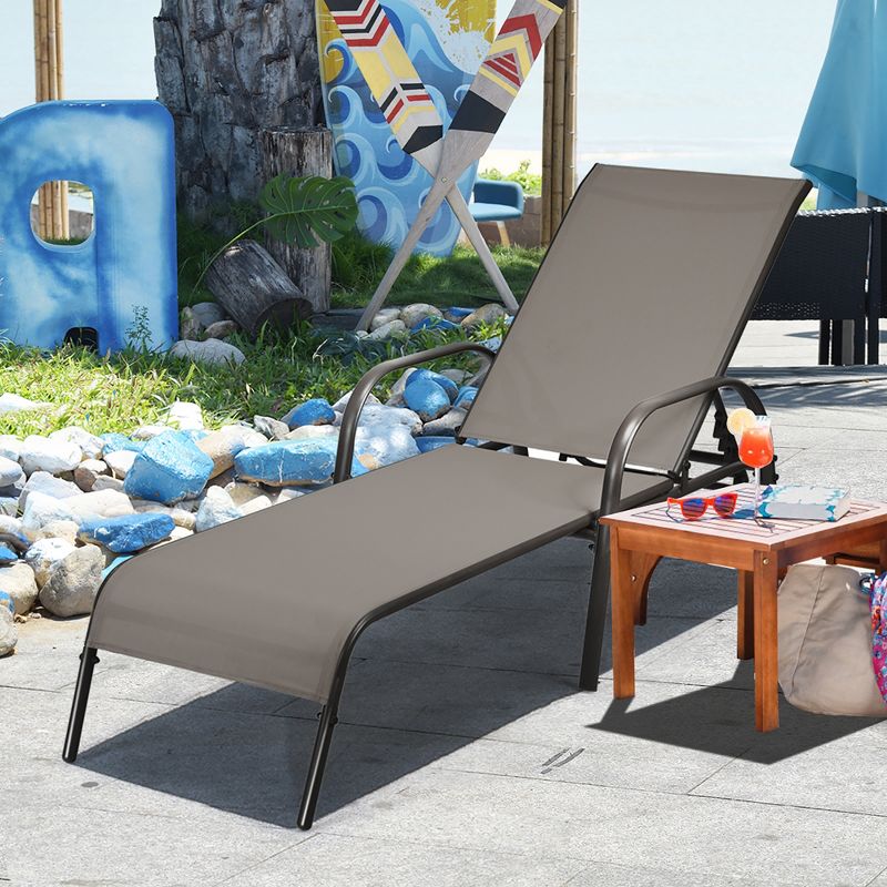 Costway Outdoor Patio Lounge Chair Chaise Fabric Adjustable Reclining Armrest Pool Brown, 4 of 11