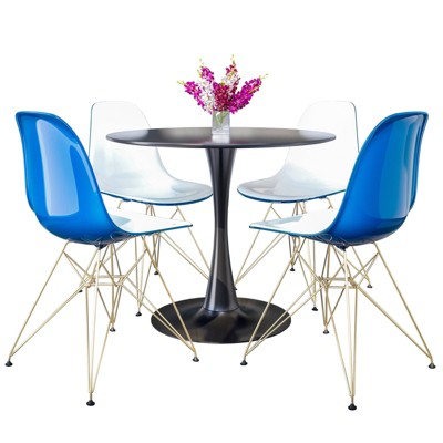 LeisureMod 5-Piece Dining Set with 35" Round Iron Pedestal Dining Table and 4 ABS Plastic Side Chairs with Gold Base