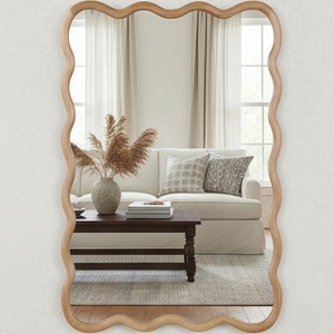 Spassway 24"W*36"H Beige Asymmetrical Rectangle Wall Mirror Modern Irregular Wood Frame Wall Mounted Vanity Mirror Decorative for Bedroom Bathroom - 1 of 4