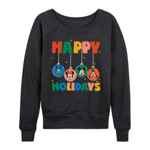 Women's - Disney - Happy Holidays Ornament Lightweight French Terry Wide Neck Long Sleeve Shirt - 1 of 4
