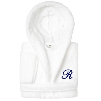 Personalized Linum Kids 100% Polyester SUPER PLUSH Double Brushed Hooded Bathrobe in Navy Script Font