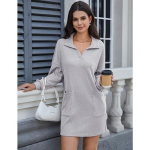 Coolmee Women Casual Knitted Lapel V Neck Long Sleeve Lightweight Wrap Mini Dress Loungewear With Front Pocket - 1 of 4